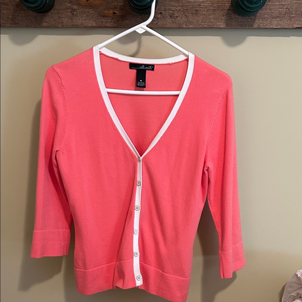Willi Smith Cardigan, Coral with White Trim,